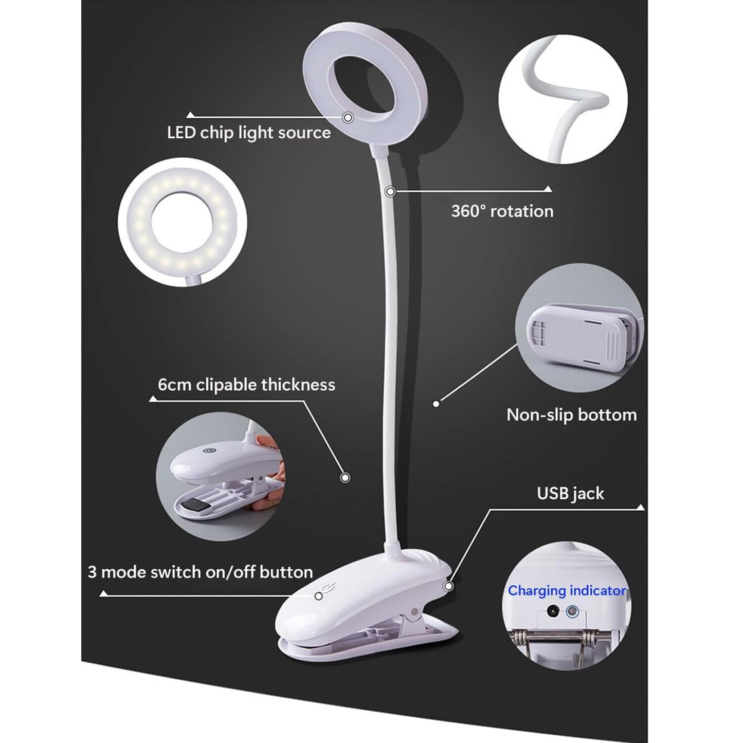 LED Rechargeable Clamp Clip On Flexible Desk Light Reading Table Night Lamp